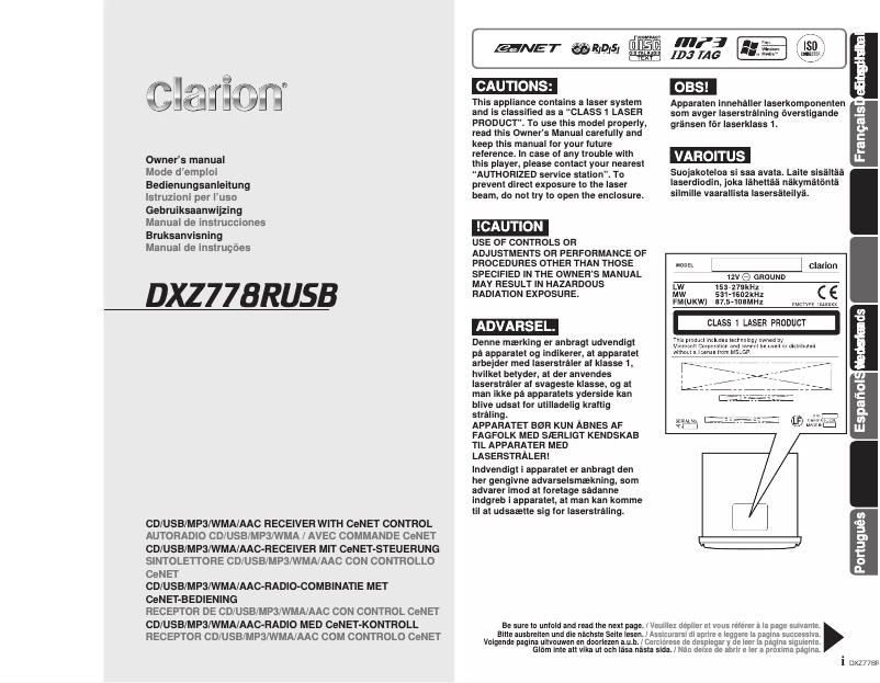 Page 1 de la notice Manuel utilisateur Clarion DXZ778RUSB