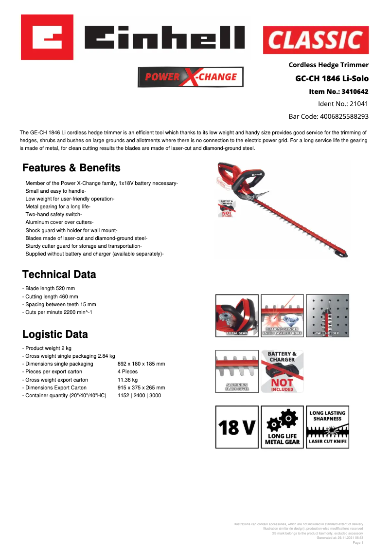 Page 1 de la notice Fiche technique Einhell GC-CH 1846 Li-Solo
