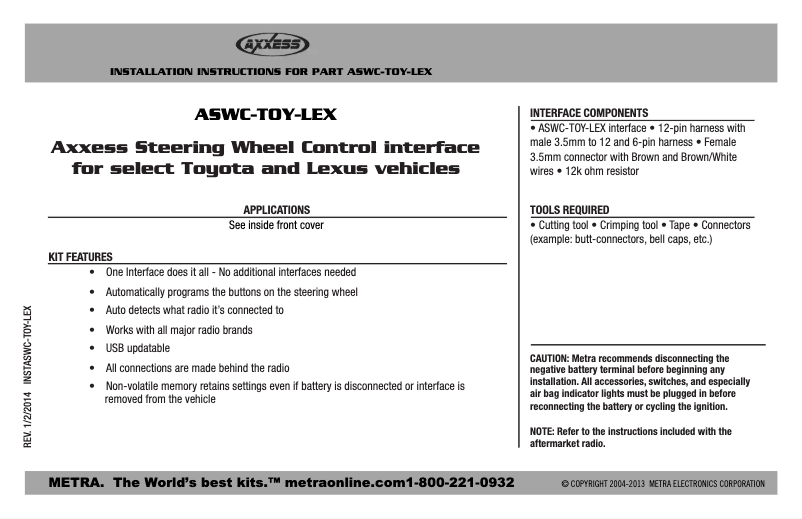 Page 1 de la notice Manuel utilisateur Axxess ASWC-TOY-LEX