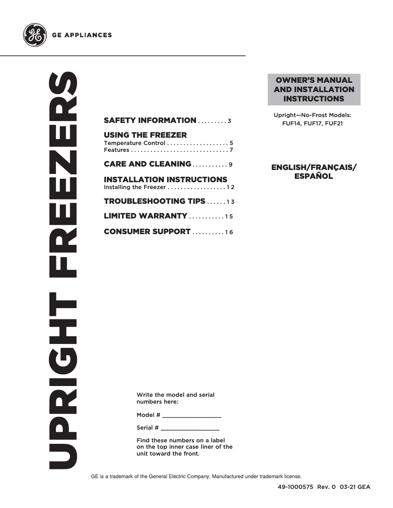 Page 1 of the manual Installation Guide GE FUF14QRRWW