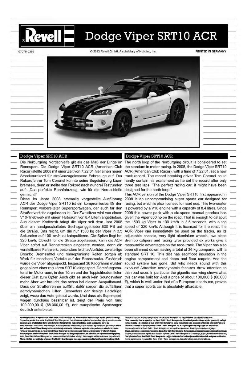 Page 1 de la notice Manuel utilisateur Revell Dodge Viper SRT10 ACR