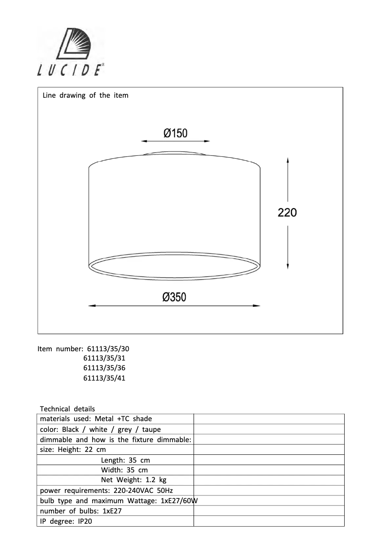 Page 1 de la notice Manuel utilisateur Lucide Coral 61113/35/30