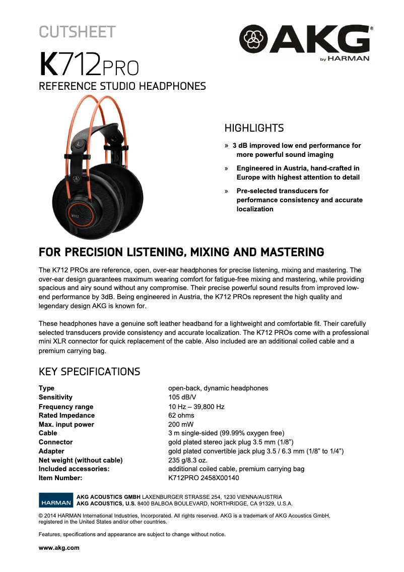 Page n°1 - Manuel utilisateur AKG K712 PRO