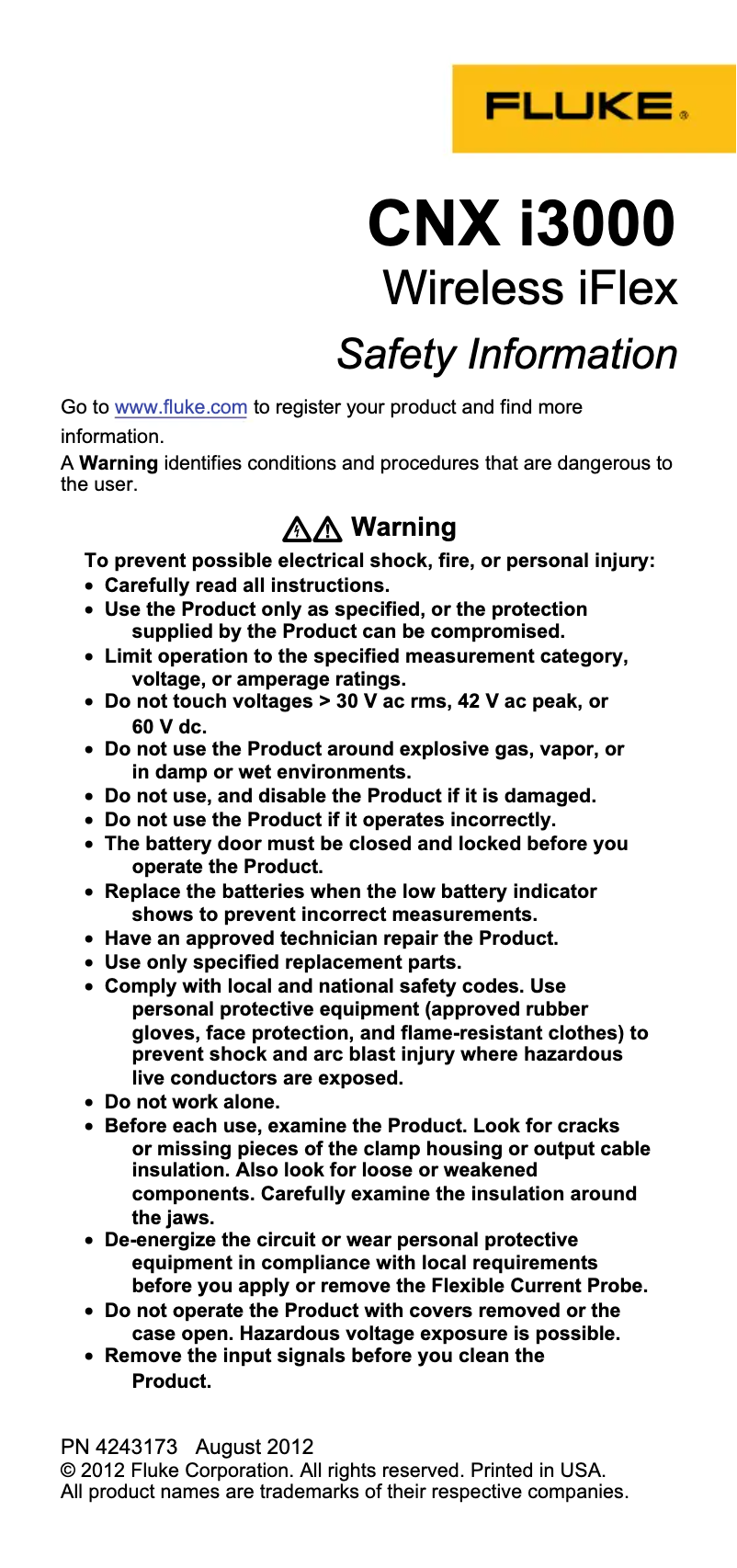 Page 1 de la notice Instructions de sécurité Fluke CNX t3000