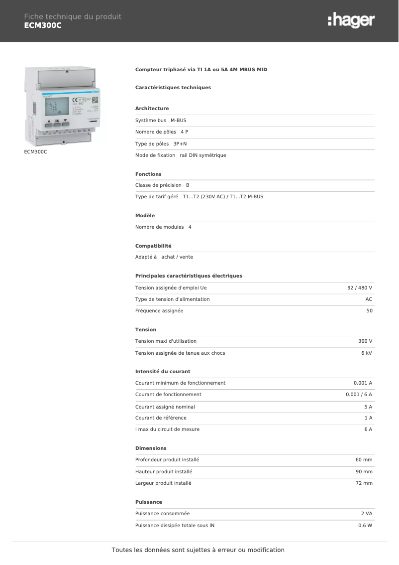 Page n°1 - Fiche technique Hager ECM300C