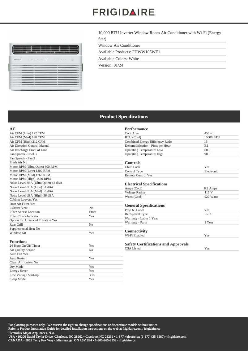Page n°1 - Fiche technique Frigidaire FHWW105WE1