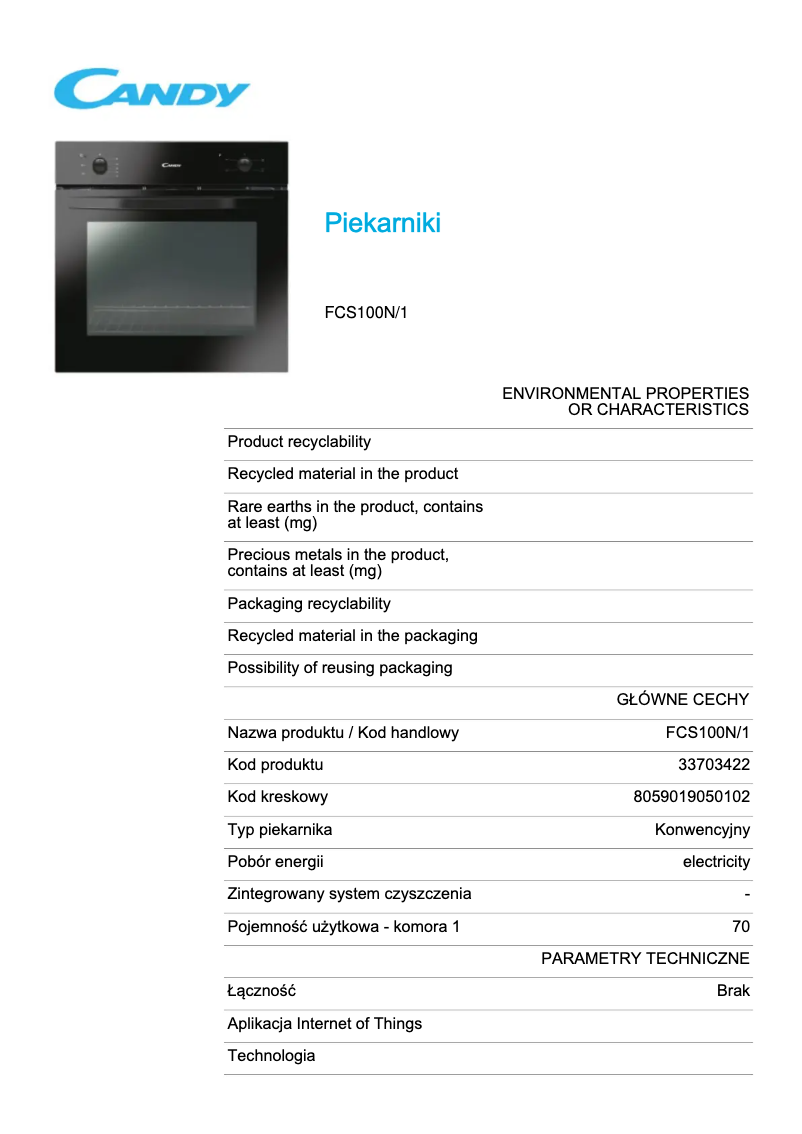 Page 1 de la notice Fiche technique Candy FCS100N