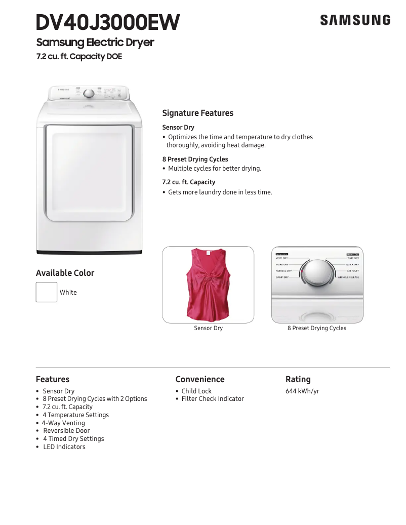 Página 1 del manual Ficha técnica Samsung DV40J3000E