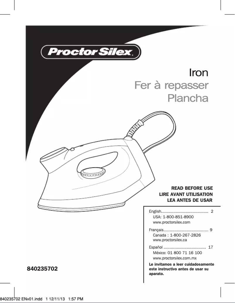 Page 1 de la notice Manuel utilisateur Proctor Silex 17325