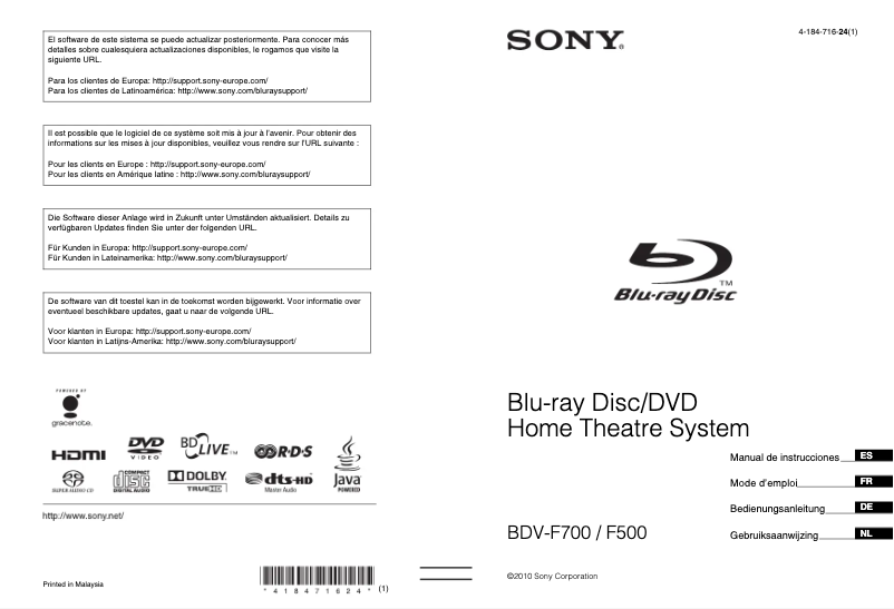 Page 1 de la notice Manuel utilisateur Sony BDV-F500