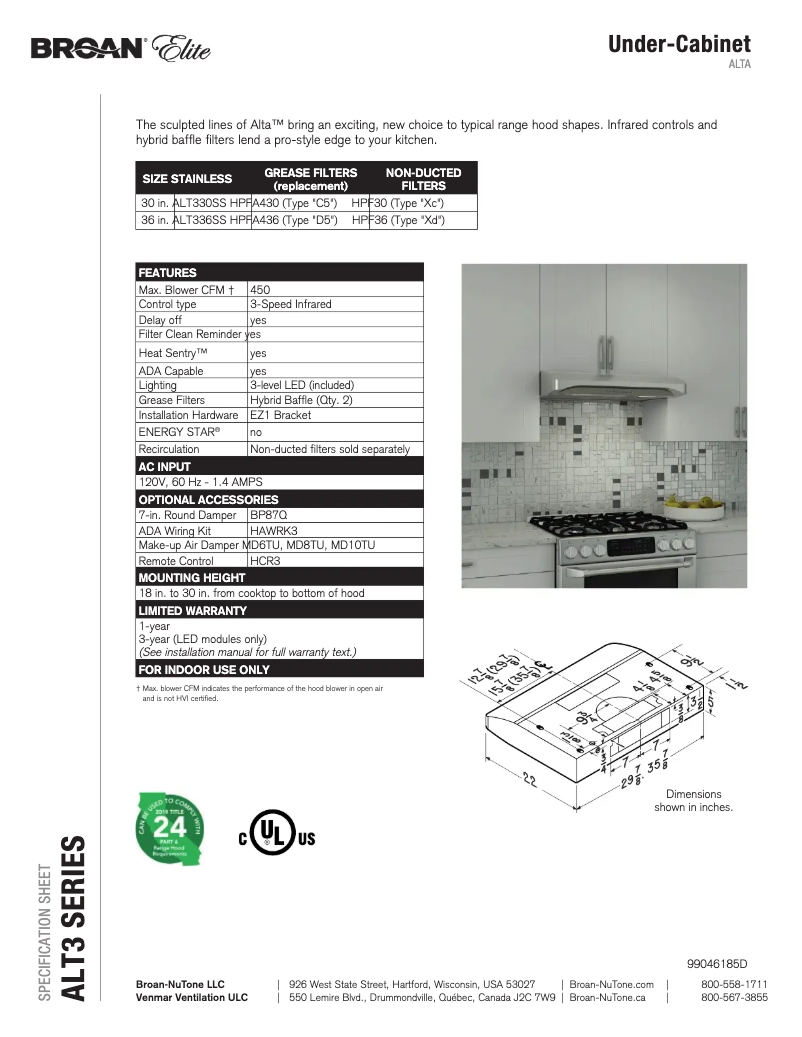 Página 1 del manual Ficha técnica Broan ALT330SS