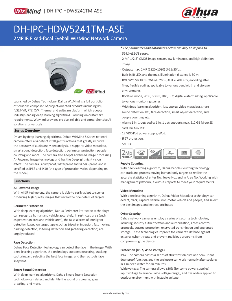 Page 1 de la notice Fiche technique Dahua Technology IPC-HDW5241TM-ASE