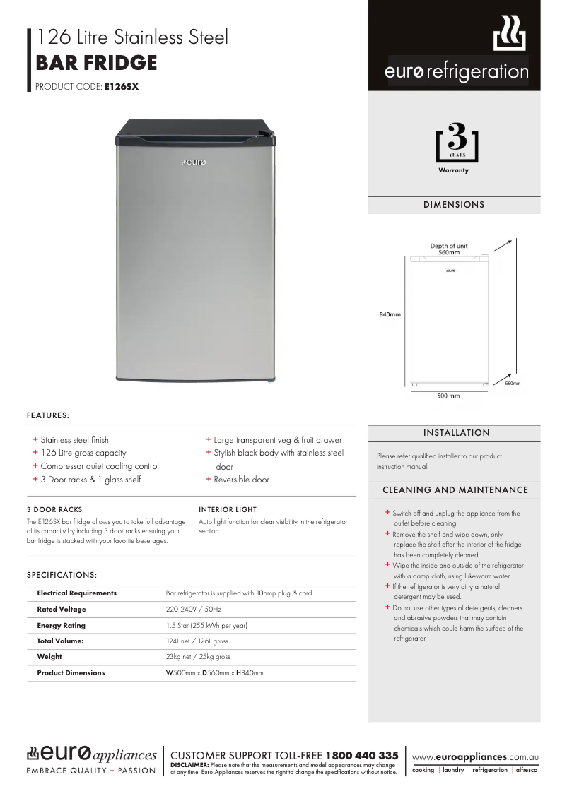 Page 1 de la notice Manuel utilisateur Euro Appliances E126SX