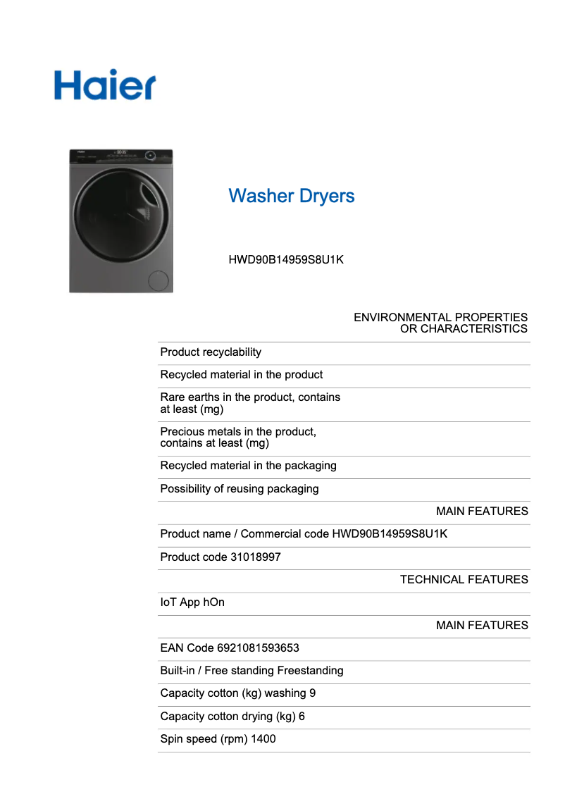 Page 1 de la notice Label énergétique Haier HWD90-B14959S8U1