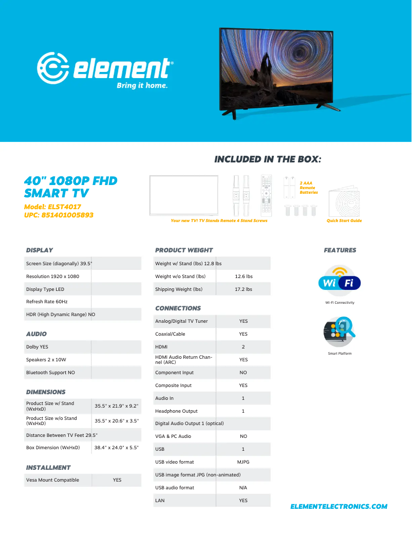 Page 1 de la notice Fiche technique Element ELST4017
