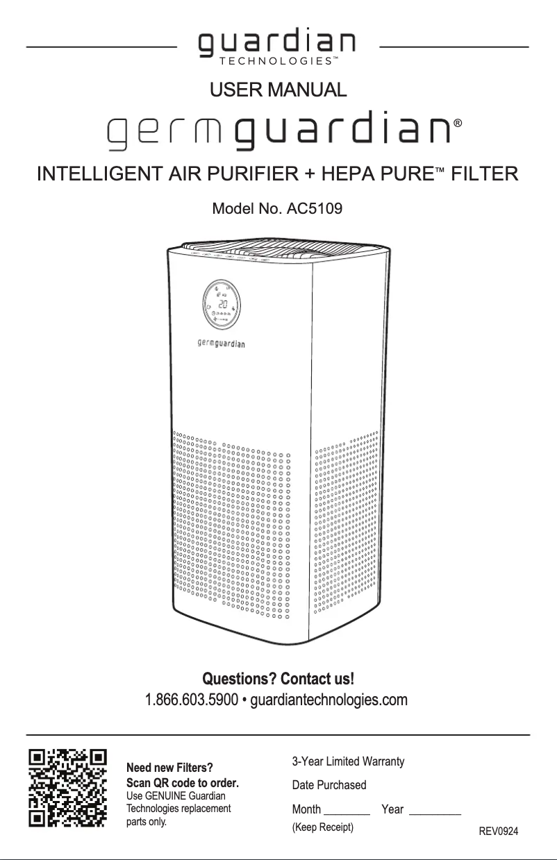 Page 1 de la notice Manuel utilisateur GermGuardian AC5109