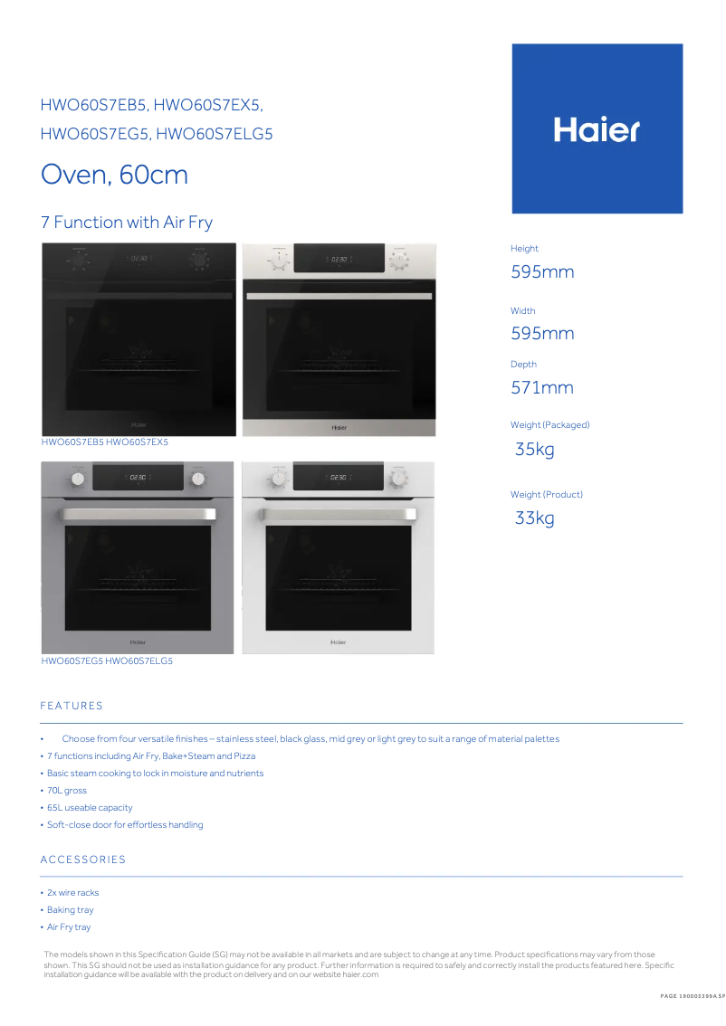 Page 1 de la notice Fiche technique Haier HWO60S7EX5