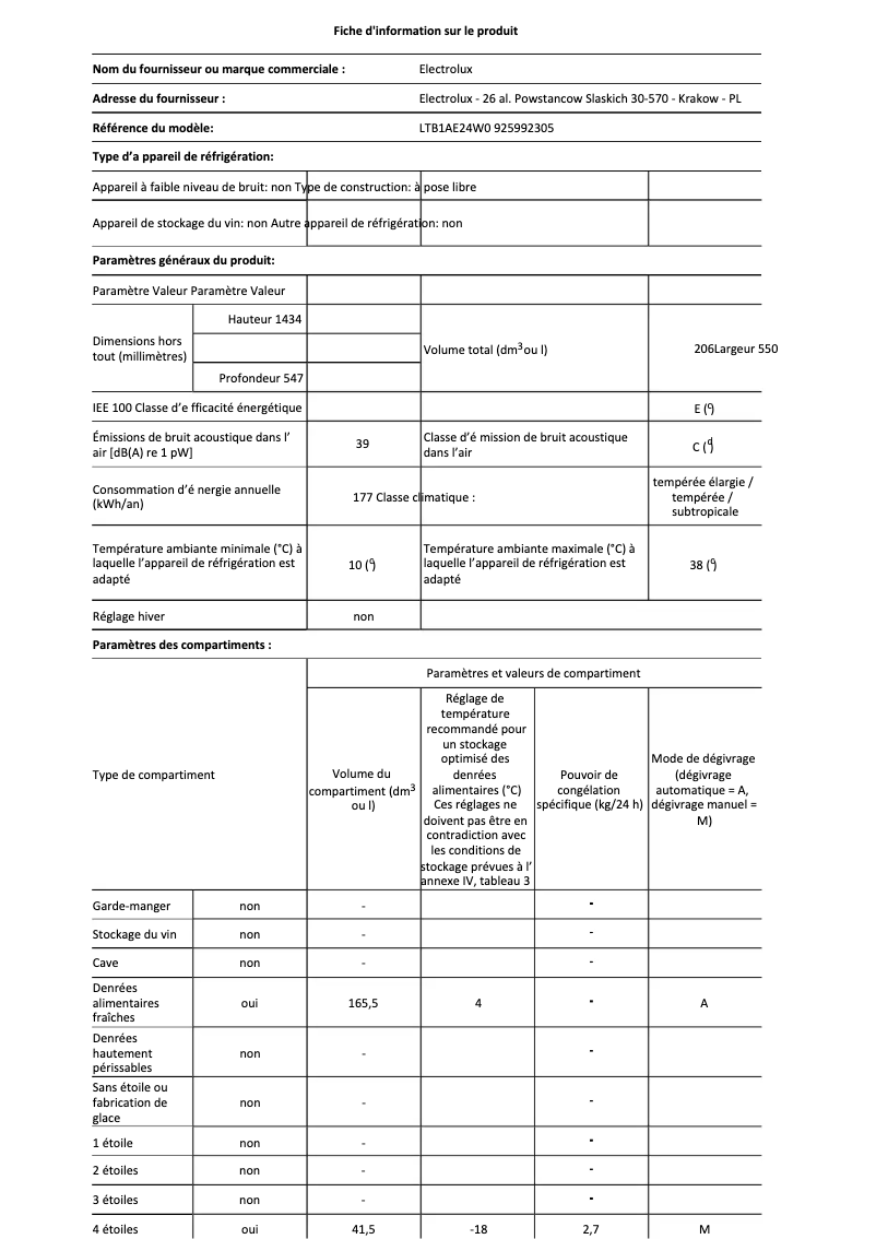Page 1 de la notice Fiche technique Electrolux LTB1AE24W0