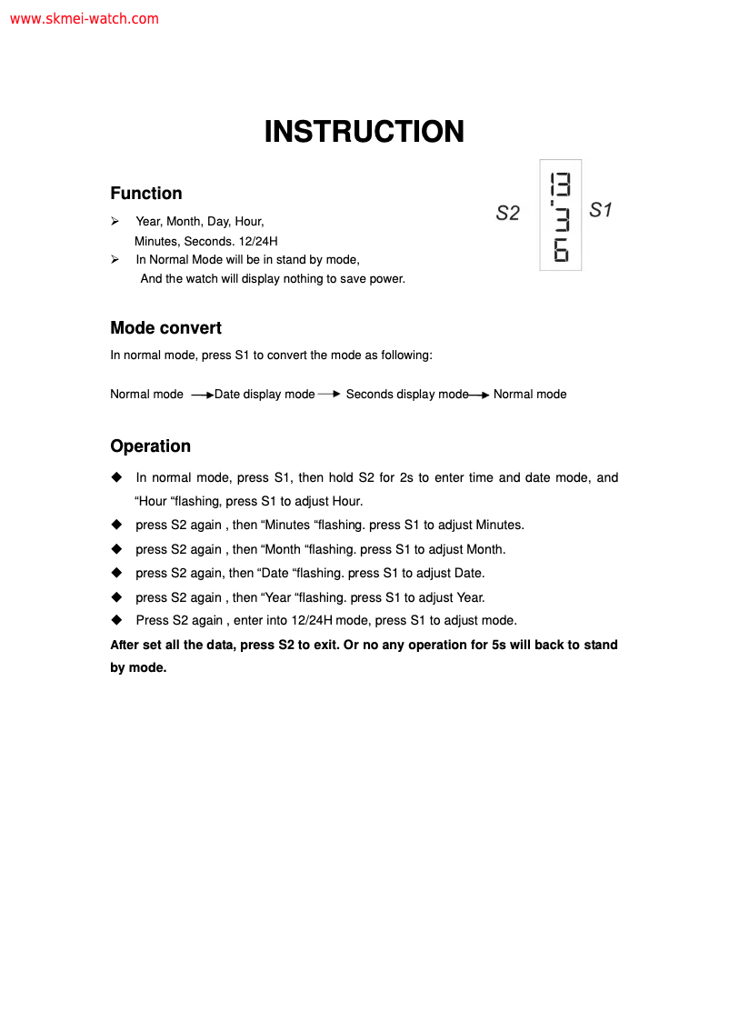 Page 1 de la notice Manuel utilisateur Skmei 0805