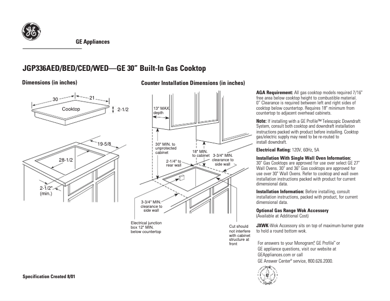 Page n°1 - Fiche technique GE JGP336WEDWW
