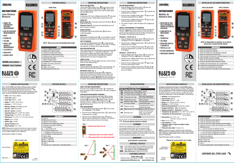 Page 1 de la notice Manuel utilisateur Klein Tools 93LDM65