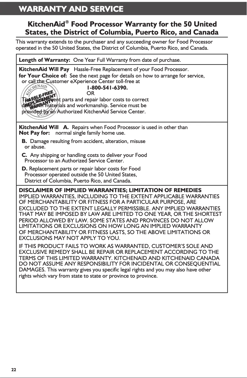 Page 1 de la notice Informations de garantie KitchenAid KFP1466OB