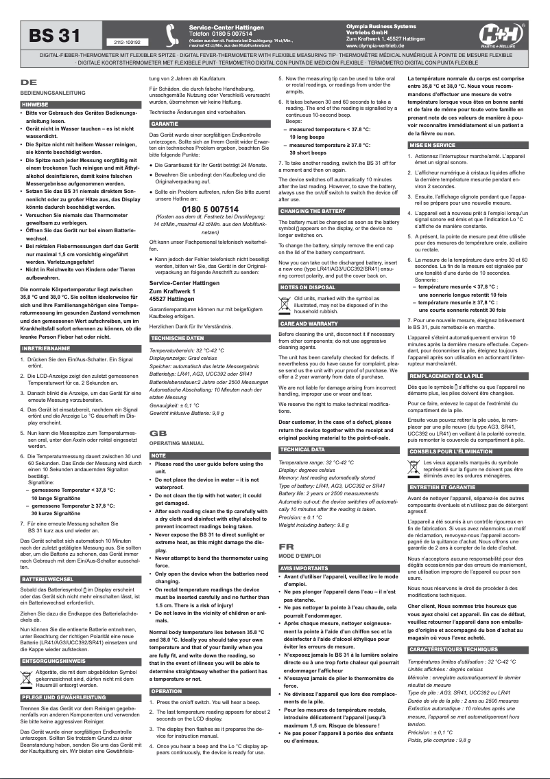 Page n°1 - Manuel utilisateur Hartig & Helling BS 31