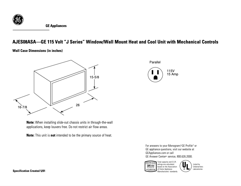 Page 1 de la notice Fiche technique GE AJES08ASA