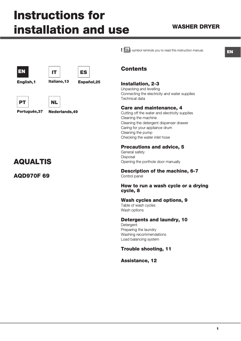 Page n°1 - Manuel utilisateur Hotpoint Ariston AQD970F 69