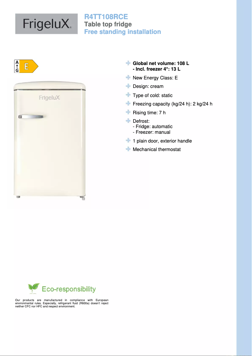 Page n°1 - Fiche technique FrigeluX R4TT108RCE