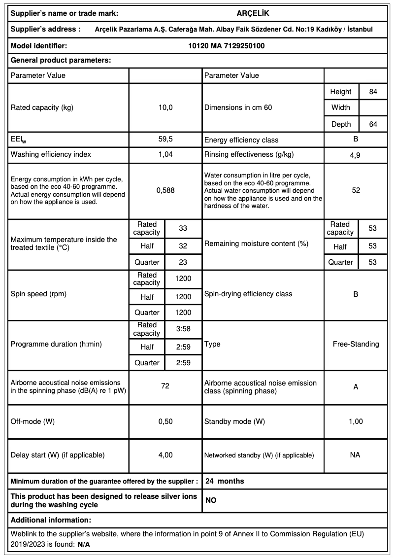Page n°1 - Fiche technique Arçelik 10120 MA