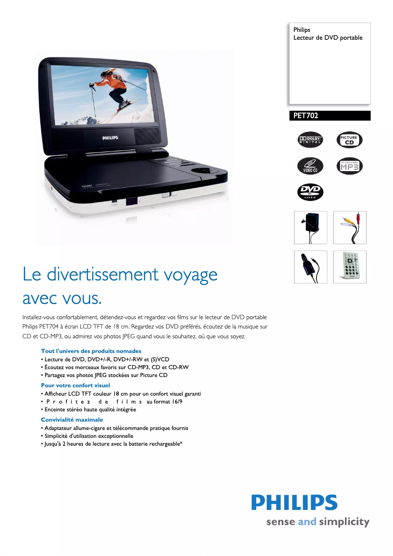 Page 1 de la notice Fiche technique Philips PET702