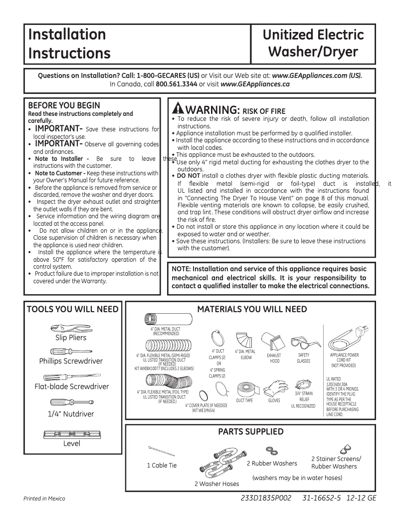 Page n°1 - Guide d'installation GE Unitized Spacemaker GTUN275EMWW