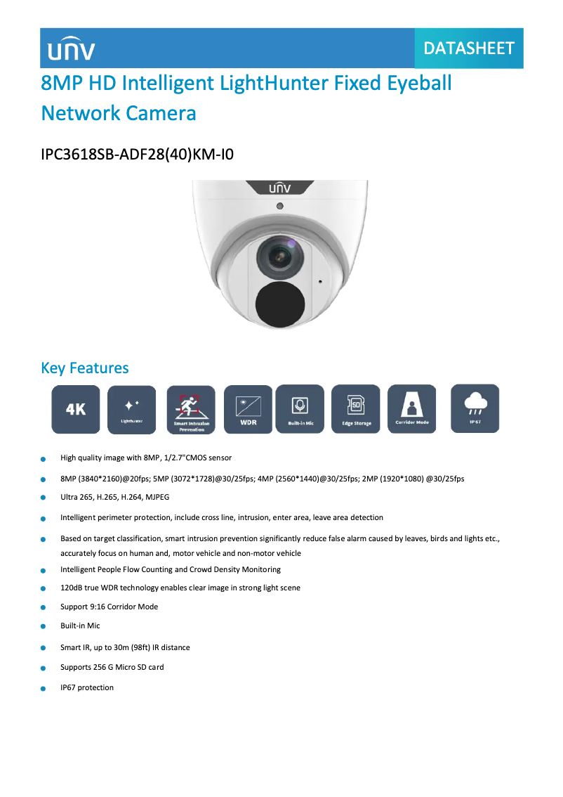 Page 1 de la notice Fiche technique UniView IPC3618SB-ADF28(40)KM-I0