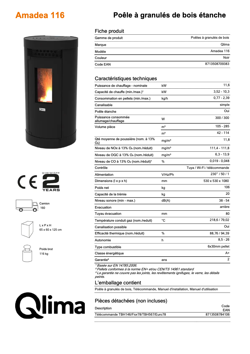 Page 1 de la notice Fiche technique Qlima Amadea 116