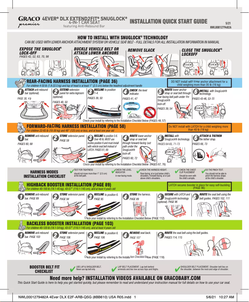 Page 1 de la notice Guide de démarrage rapide Graco Premier 4Ever DLX Extend2Fit SnugLock