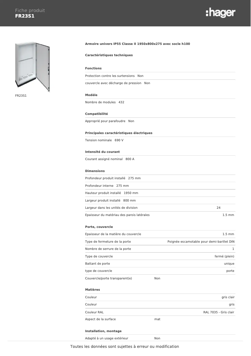 Page n°1 - Fiche technique Hager FR23S1
