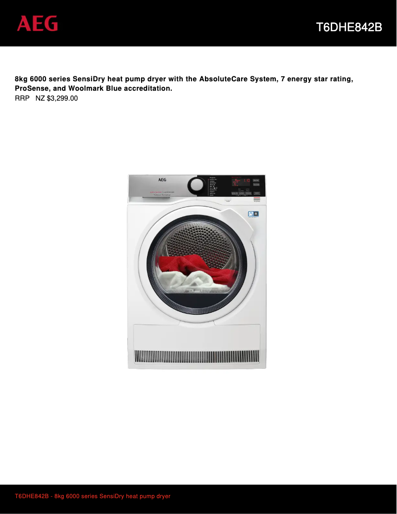 Page 1 de la notice Fiche technique AEG T6DHE842B