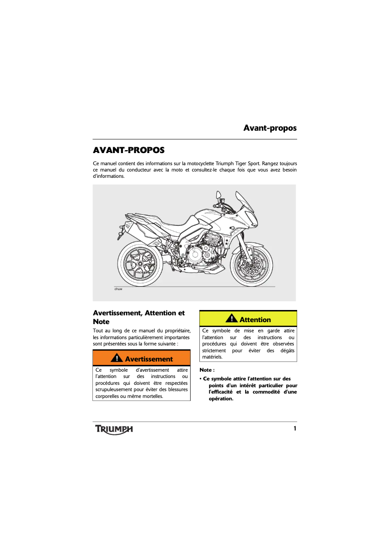 Page 1 de la notice Manuel utilisateur Triumph Tiger Sport (2014)