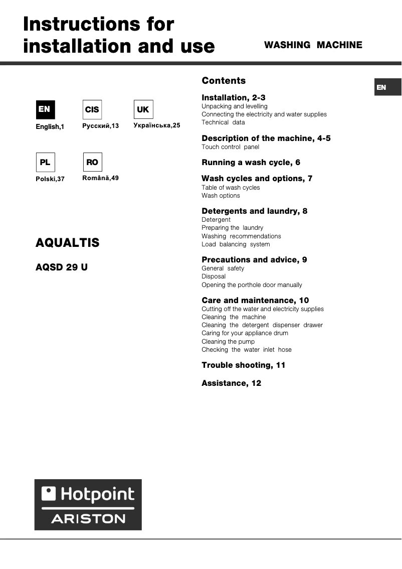Page n°1 - Manuel utilisateur Hotpoint Ariston AQSD 29 U (EU)