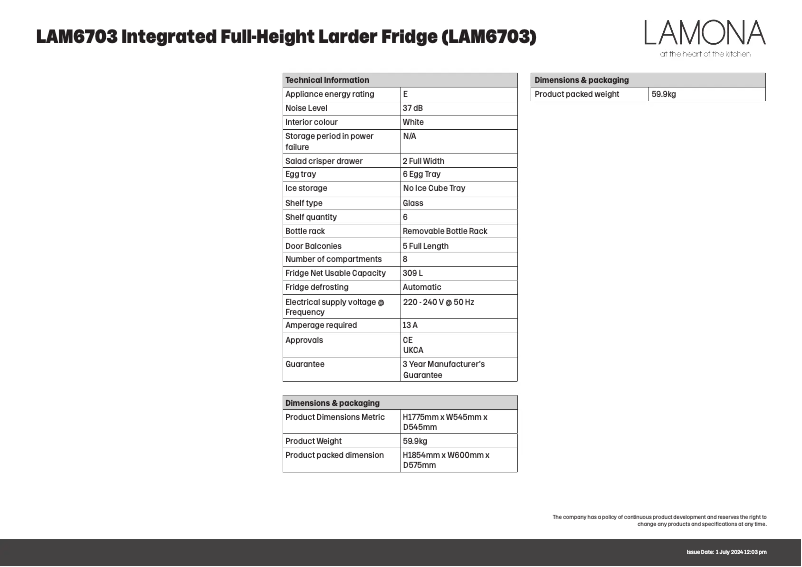 Page 1 de la notice Fiche technique Lamona LAM6703