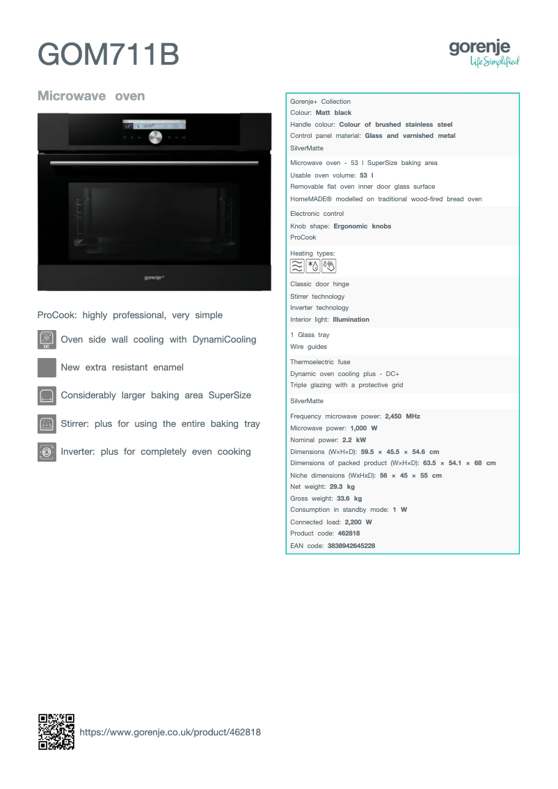 Page 1 de la notice Fiche technique Gorenje GOM711B