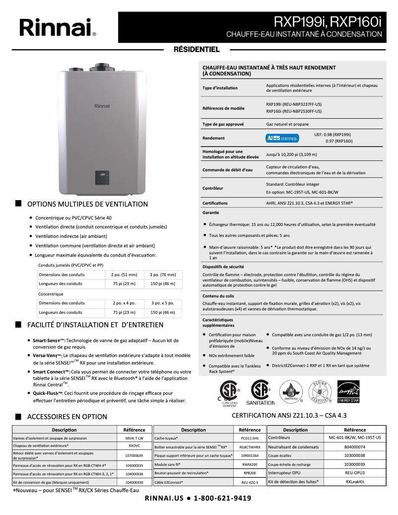Page 1 de la notice Fiche technique Rinnai RXP199iN