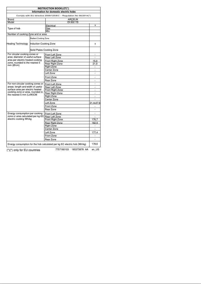 Page 1 de la notice Fiche technique Arçelik OI 602 YS