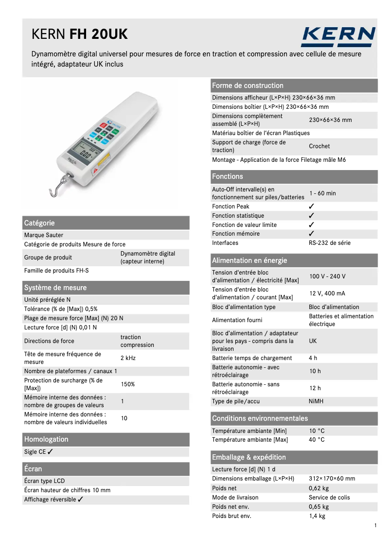 Page 1 de la notice Fiche technique Kern FH 20UK