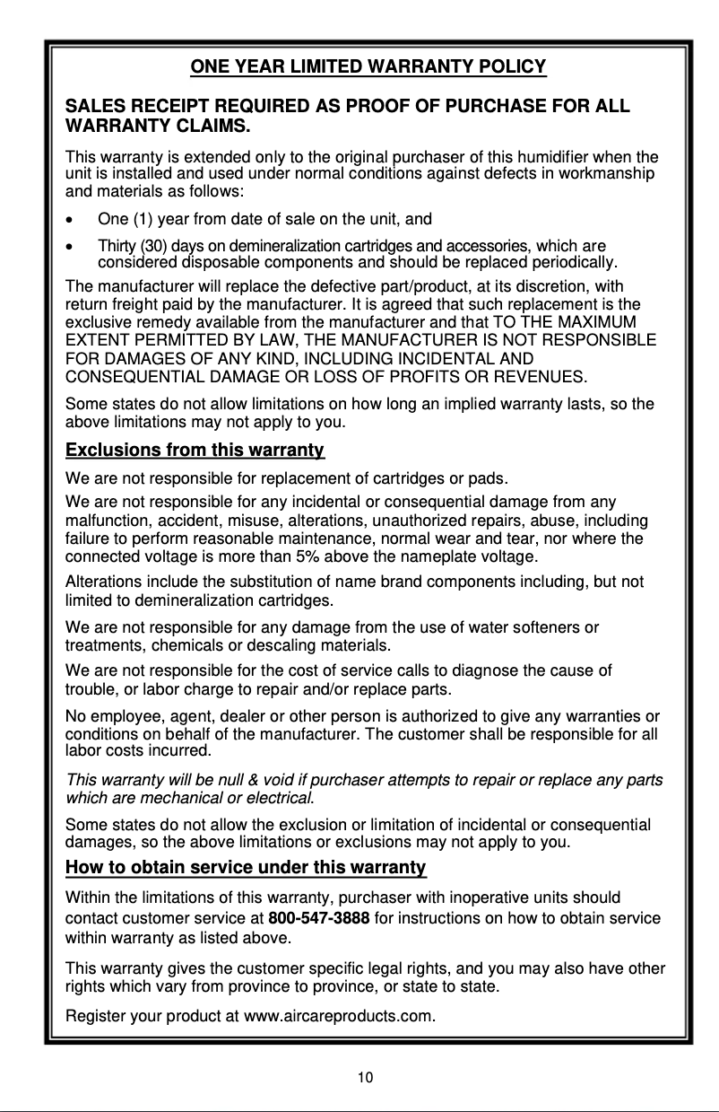 Página 1 del manual Información de garantía AirCare Aurora AUV20AWHT