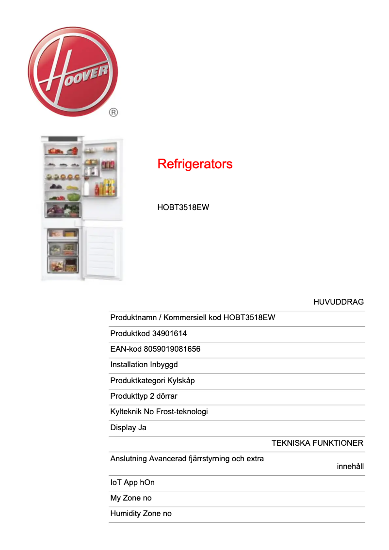 Page 1 de la notice Fiche technique Hoover HOBT3518EW