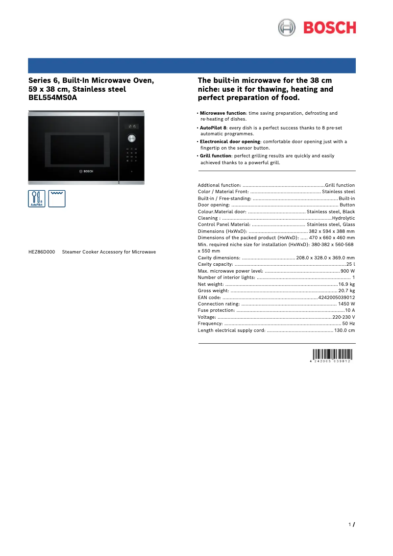 Page 1 de la notice Fiche technique Bosch BEL554MS0A