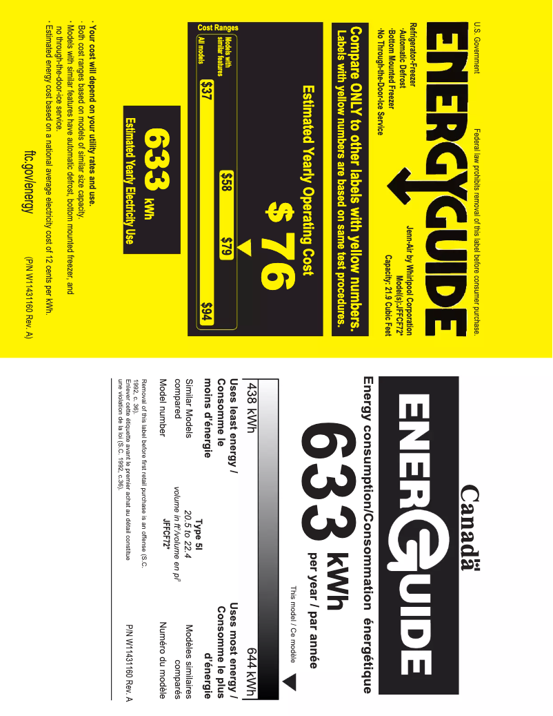 Page 1 de la notice Label énergétique JennAir JFFCF72DKL