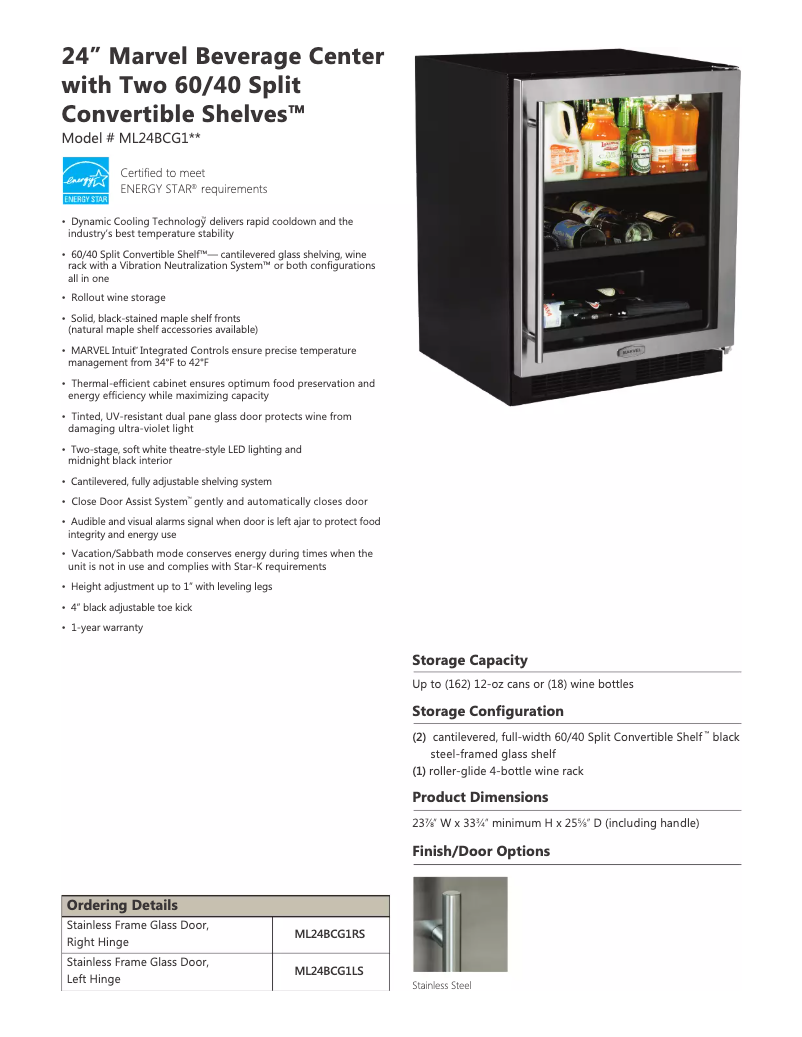 Page 1 de la notice Fiche technique Marvel ML24BCG1RS